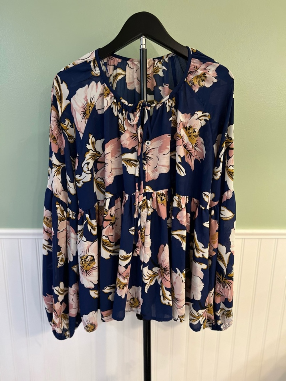 Altar'd State Navy Floral Peasant Top with Pink Blooms